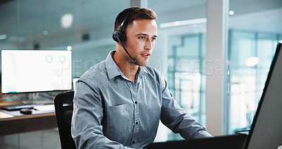 Buy stock photo Headset, man and call center consultant in office with help desk, crm or online consultation. Mic, talking and technical support agent on computer for voip, customer service or contact in workplace.
