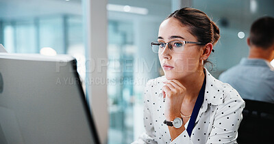 Buy stock photo Business, woman or thinking with computer at agency for risk assessment, finance news or solution. Staff, financial advisor or insight with tech for market tracking, stocks research or trade planning