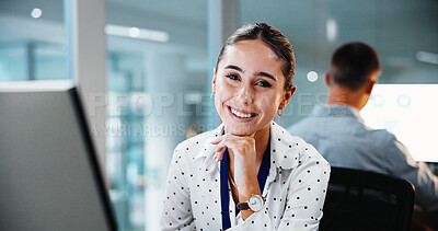 Buy stock photo Business, woman and happy with computer at agency for wealth management, tax planning or portrait. Coworking, financial advisor or smile at tech for finance expertise, advisory role or about us pride