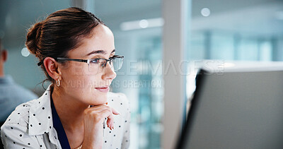 Buy stock photo Smile, woman and thinking with computer in office for risk assessment, finance news or insight. Happy, financial advisor and research with tech for market tracking, ai scenario planning or solution