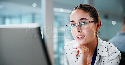 Buy stock photo Business, woman and thinking with computer in office for risk assessment, finance news or insight. Smile, financial advisor and research with tech for market tracking, ai scenario planning or reading