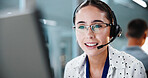 Headset, woman and call center consultant in office with help desk, crm or online consultation. Mic, talking and technical support agent on computer for voip, customer service or contact in workplace