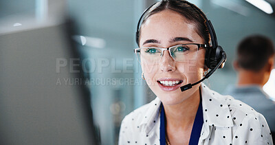 Buy stock photo Headset, woman and call center consultant in office with help desk, crm or online consultation. Mic, talking and technical support agent on computer for voip, customer service or contact in workplace