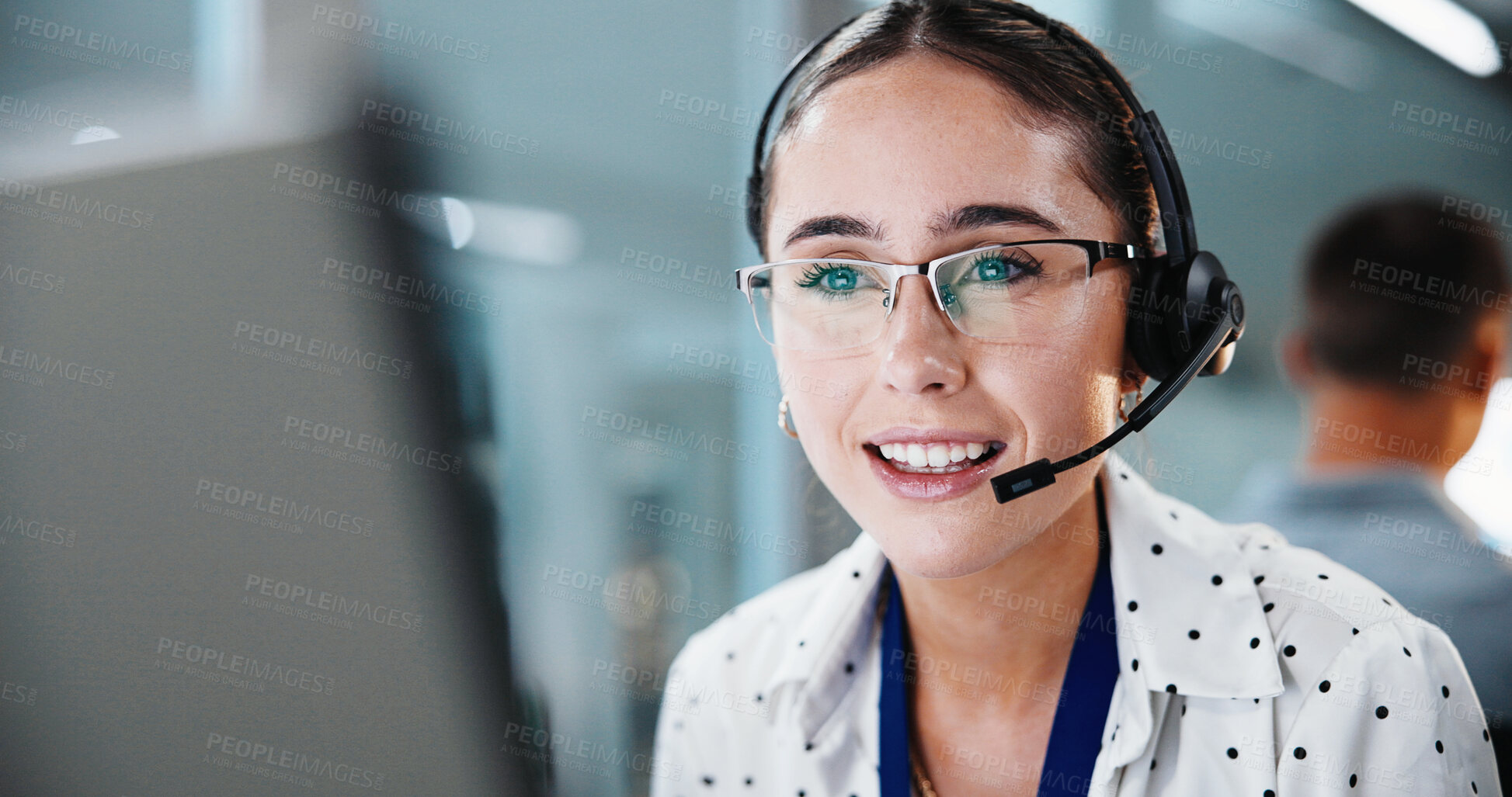 Buy stock photo Headset, woman and call center consultant in office with help desk, crm or online consultation. Mic, talking and technical support agent on computer for voip, customer service or contact in workplace