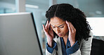 Stress, headache and businesswoman in office with fatigue, burnout or pressure of finance deadline. Exhausted, technology and financial manager with migraine for investment proposal in workplace.