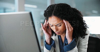 Buy stock photo Stress, headache and businesswoman in office with fatigue, burnout or pressure of finance deadline. Exhausted, technology and financial manager with migraine for investment proposal in workplace.