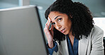 Technology, headache and businesswoman in office with fatigue, burnout or pressure of finance deadline. Exhausted, stress and financial manager with migraine for investment proposal in workplace.