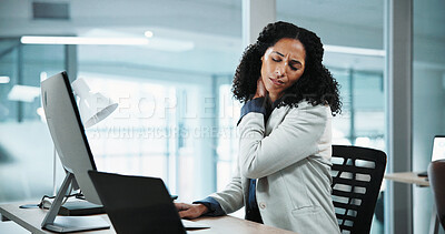 Buy stock photo Office, business and woman on computer with neck pain, strain and muscle fatigue for stress. Corporate, pressure and person with injury, tension and massage for burnout, frustrated and overworked