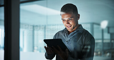 Buy stock photo Night, happy and business man on tablet for planning, financial report and proposal deadline. Accounting, glass office and person on tech for finance review, research and consultant for investment