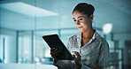 Late, window and business woman on tablet for planning, financial report and proposal deadline. Accounting, glass office and person on tech for finance review, research and budget for investment