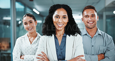 Buy stock photo Crossed arms, professional and portrait of business people in office with confidence for finance career. Smile, collaboration and financial advisors with manager for pride of about us in workplace.