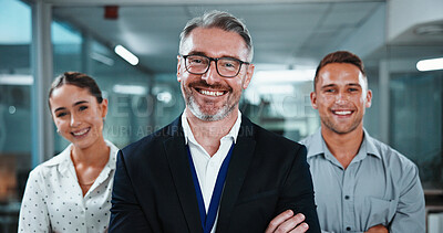 Buy stock photo Crossed arms, group and portrait of business people in office with confidence for finance career. Smile, collaboration and team of financial advisors with manager for pride of about us in workplace.