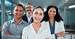 Crossed arms, team and portrait of business people in office with confidence for finance career. Smile, collaboration and group of financial advisors with manager for pride of about us in workplace.