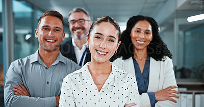 Buy stock photo Crossed arms, team and portrait of business people in office with confidence for finance career. Smile, collaboration and group of financial advisors with manager for pride of about us in workplace.