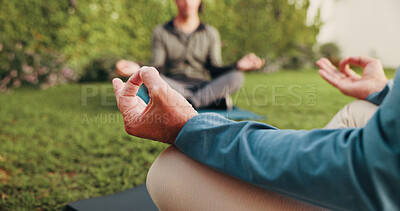 Buy stock photo Hands, person and meditation outdoor for yoga, fitness and inner peace for mindfulness. Trainer, people or yogi session in nature with lotus pose, spiritual healing and technique for holistic balance