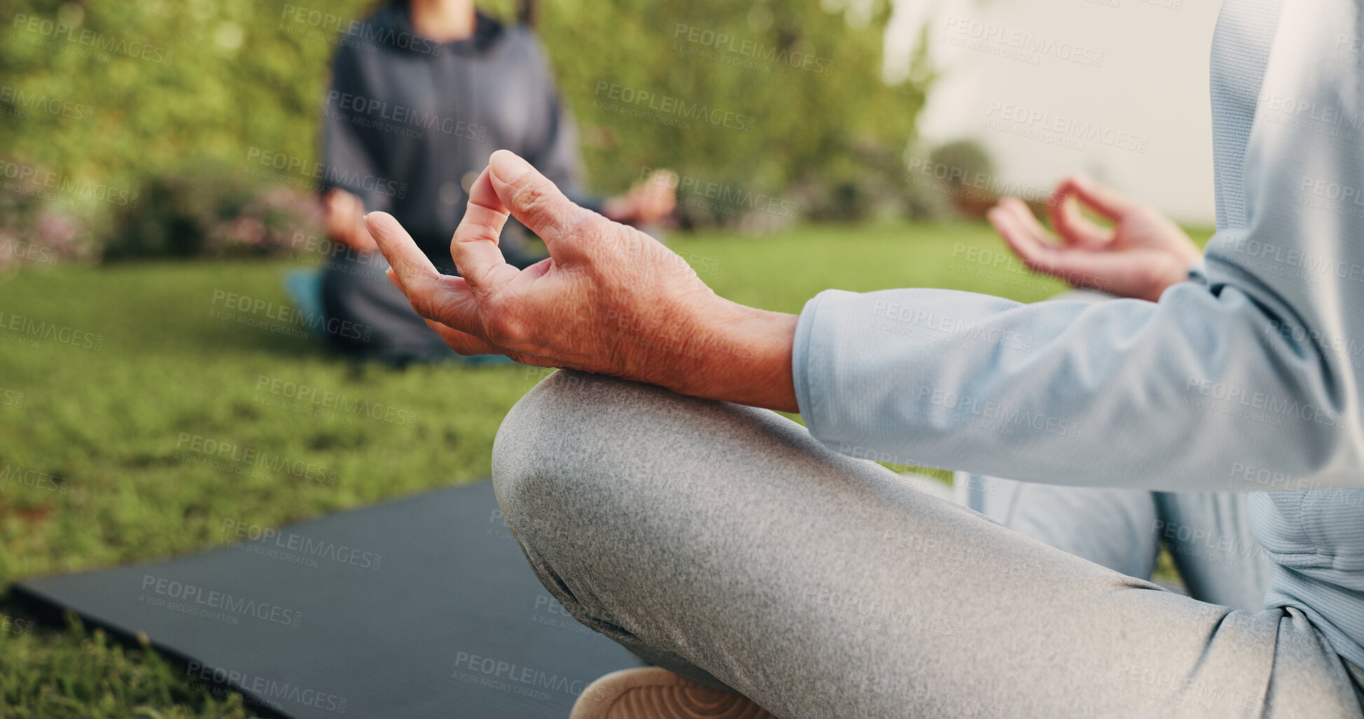 Buy stock photo Hands, woman and meditation in backyard for yoga, fitness and inner peace for mindfulness. Trainer, people and yogi session in home with lotus pose, spiritual healing and lesson for holistic balance
