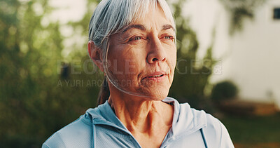 Buy stock photo Thinking, fitness and senior woman outdoor for reflection, mindfulness and breathe for wellness. Backyard, morning and person with calm, thoughtful and fresh air for break, active and wellbeing