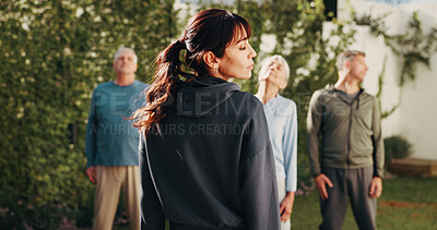 Buy stock photo Coach, stretching and old people in park for fitness, body mobility and workout outdoor. Group, trainer or mature friends in warm up together for training, exercise or retirement community in nature