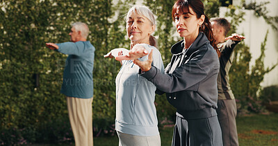 Buy stock photo Fitness, outdoor and senior people with trainer for stretching, active hobby and pilates for health. Retirement, happy and woman with elderly group, help and yoga for wellness, balance and exercise