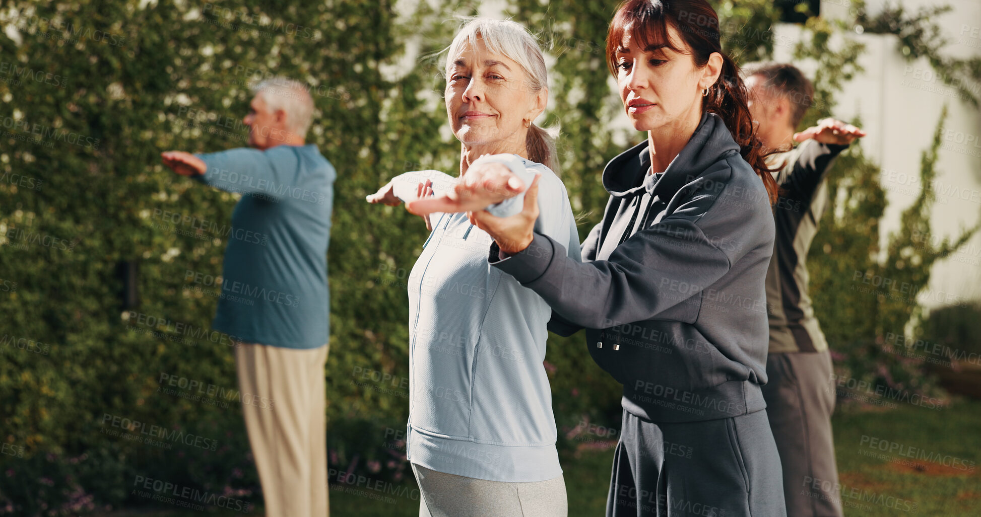 Buy stock photo Fitness, outdoor and senior people with trainer for stretching, active hobby and pilates for health. Retirement, happy and woman with elderly group, help and yoga for wellness, balance and exercise