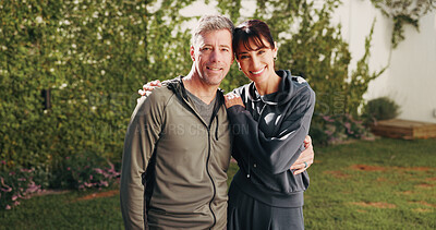 Buy stock photo Portrait, couple and hug in backyard for fitness, love and partner support for health benefits. Smile, mature people and embrace at house for pilates, morning hobby and bonding together for wellness