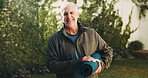 Backyard, portrait and senior man with yoga mat for exercise, wellness and active for health. Morning, happy and person with equipment for pilates, fitness routine and hobby for wellbeing outdoor