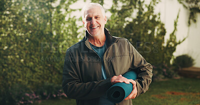 Buy stock photo Backyard, portrait and senior man with yoga mat for exercise, wellness and active for health. Morning, happy and person with equipment for pilates, fitness routine and hobby for wellbeing outdoor