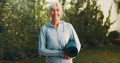 Buy stock photo Backyard, portrait and senior woman with yoga mat for exercise, wellness and active for health. Morning, happy and person with equipment for pilates, fitness routine and hobby for wellbeing outdoor