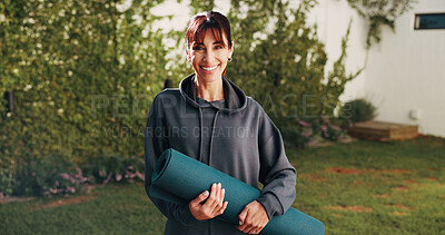 Buy stock photo Outdoor, portrait and mature woman with yoga mat for exercise, wellness and practice for health. Morning, happy and person with equipment for pilates, fitness routine and active hobby in backyard