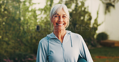 Buy stock photo Outdoor, portrait and senior woman with yoga mat for exercise, wellness or active for health. Morning, happy and person with equipment for pilates, fitness routine and hobby for wellbeing in backyard