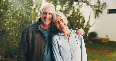 Buy stock photo Portrait, old couple and smile in backyard for fitness, love and support for health benefits. Happy, senior people and embrace at house for pilates, morning hobby and bonding together for wellness