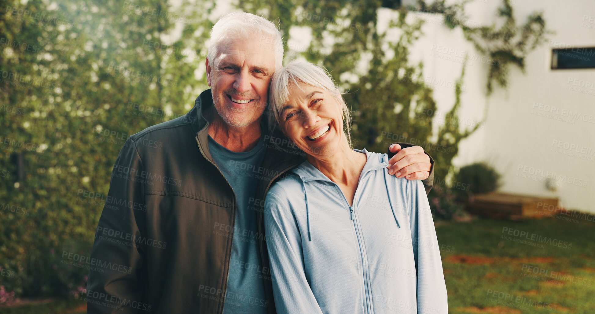 Buy stock photo Portrait, old couple and smile in backyard for fitness, love and support for health benefits. Happy, senior people and embrace at house for pilates, morning hobby and bonding together for wellness