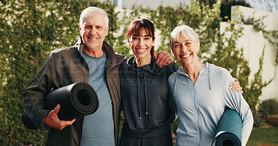Buy stock photo Portrait, backyard and senior couple with trainer for practice, active hobby and pilates for health. Outdoor, happy and woman with elderly people, hug and yoga mat for wellness, fitness or exercise