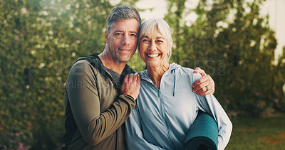 Buy stock photo Happy, couple and hug in backyard for fitness, love and partner support for health benefits. Portrait, mature people and embrace at house for pilates, morning hobby and bonding together for wellness