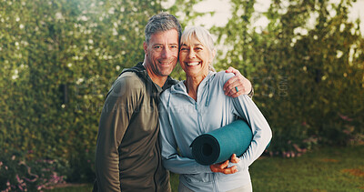 Buy stock photo Portrait, couple and hug with yoga mat for fitness, love and partner support for health benefits. Smile, mature people or embrace at house for pilates, morning hobby and bonding together for wellness