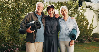 Buy stock photo Portrait, outdoor and senior couple with trainer for practice, active hobby and pilates for health. Retirement, happy and woman with elderly people, hug and yoga mat for wellness, fitness or exercise