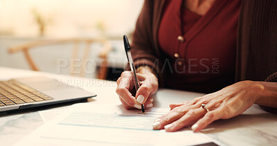 Buy stock photo Hands, woman and sign document in home for rental agreement, compliance and property registration. Legal, person and approval signature for lease contract, mortgage disclosure and administration form