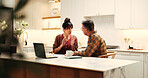 Finance, talking or couple with paperwork in home for bills discussion, budget planning or support. Marriage, mature people or explain with tech for financial summary, tax filing and asset management