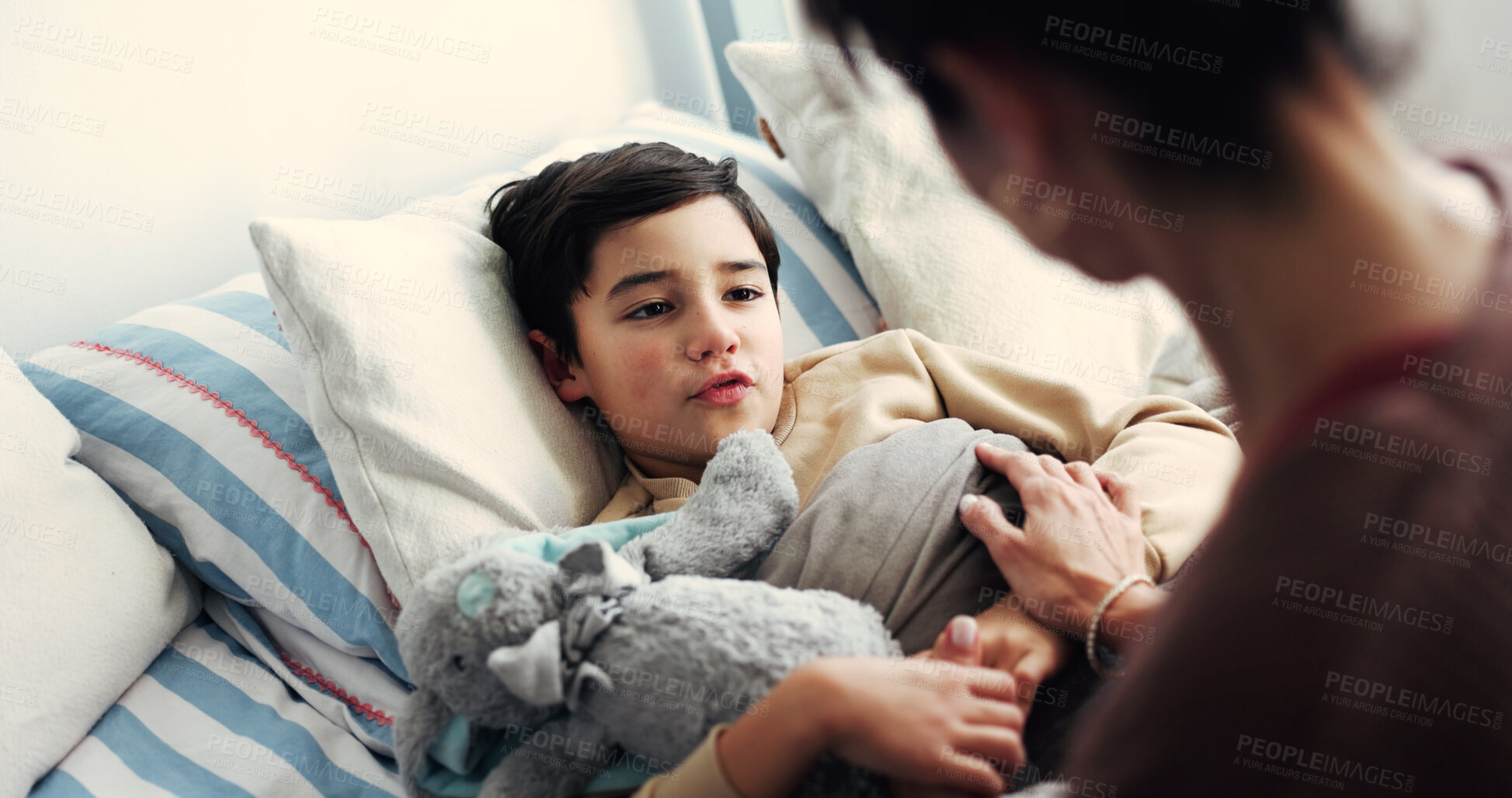 Buy stock photo Sick, bedroom and mom with child for comfort with infection, virus and recovery in home. Family, house and mother with boy on bed with cold, flu and resting for illness, healing and support together