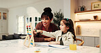 Support, parent or girl in home with abacus, math practice or bead count in homework activity. Learning, child or mother in house with help, literacy assignment or cognitive development in homeschool