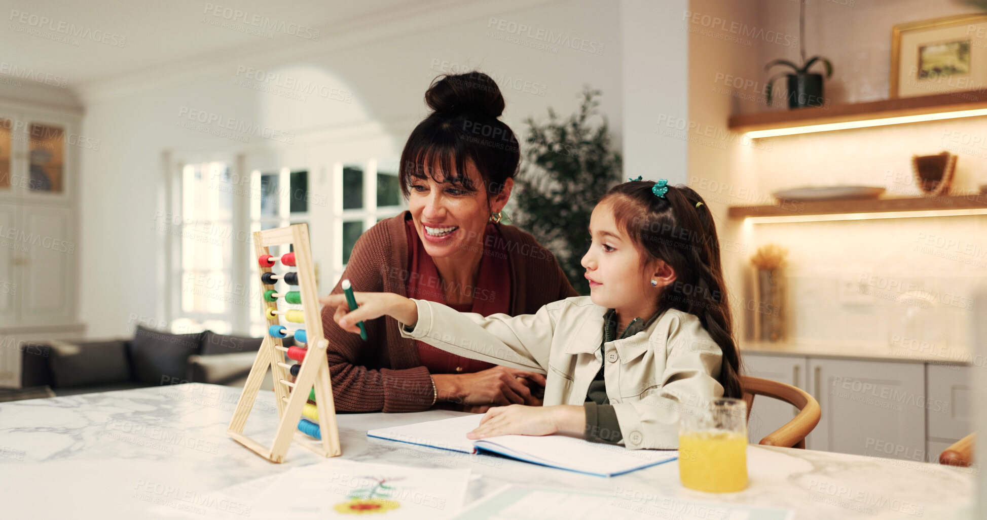 Buy stock photo Support, parent or girl in home with abacus, math practice or bead count in homework activity. Learning, child or mother in house with help, literacy assignment or cognitive development in homeschool