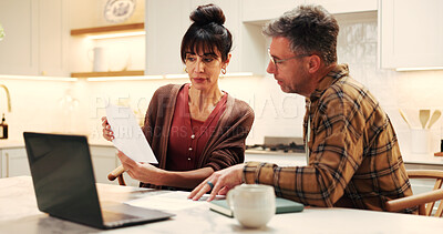 Buy stock photo Finance, woman or couple with documents in home for bills discussion, budget planning or support. Laptop, mature people or explain with invoice for financial summary, tax filing or asset management