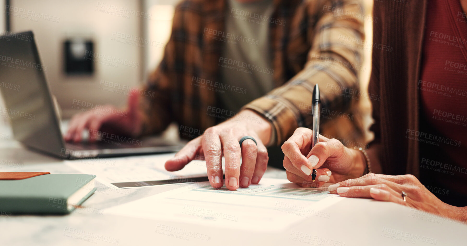 Buy stock photo Hands, paperwork and couple with writing, insurance and financial decision in home. Man, woman and application with signature, planning or policy for budget and premium or safety for asset management