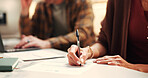Hands, documents and couple with writing, insurance and financial decision in home. Man, woman and application with signature, planning or policy for budget and premium or safety for asset management