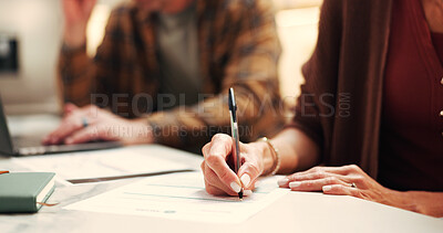 Buy stock photo Hands, documents and couple with writing, insurance and financial decision in home. Man, woman and application with signature, planning or policy for budget and premium or safety for asset management
