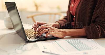 Buy stock photo Hands, woman and laptop with finance in home for tax preparation, budget planning and rebate filing. Paperwork, person and typing on tech for revenue website, financial report and wealth management