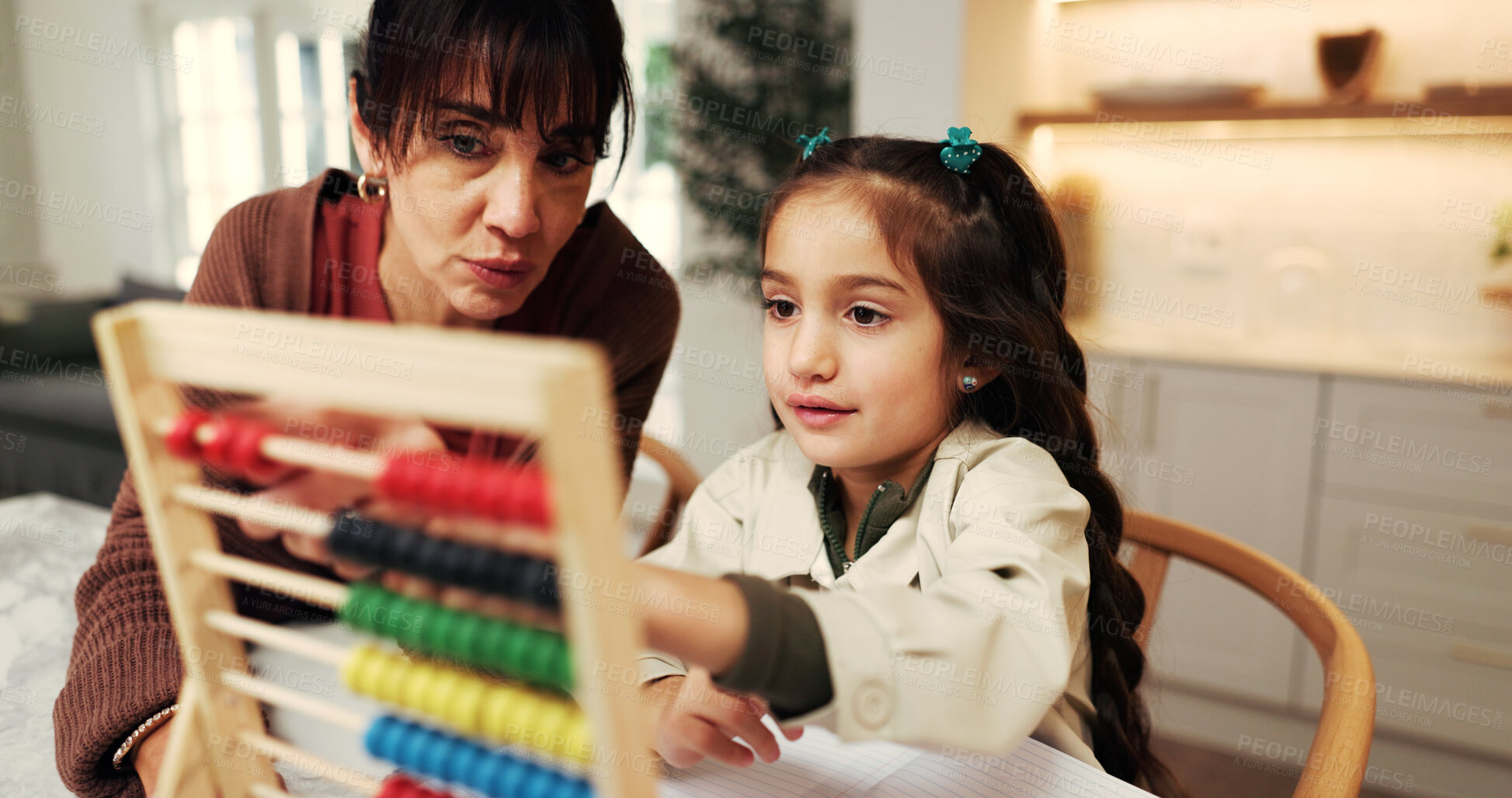 Buy stock photo Support, mom or kid in home with abacus, math practice or bead counting in homework activity. Education, child or parent with help, literacy assignment or cognitive development in homeschool learning