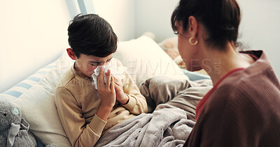 Buy stock photo Sick, tissue and parent with child in bedroom with infection, virus and blowing nose for allergies. Family, home and mother with boy in bed with cold, flu and sneeze for illness, healing and support