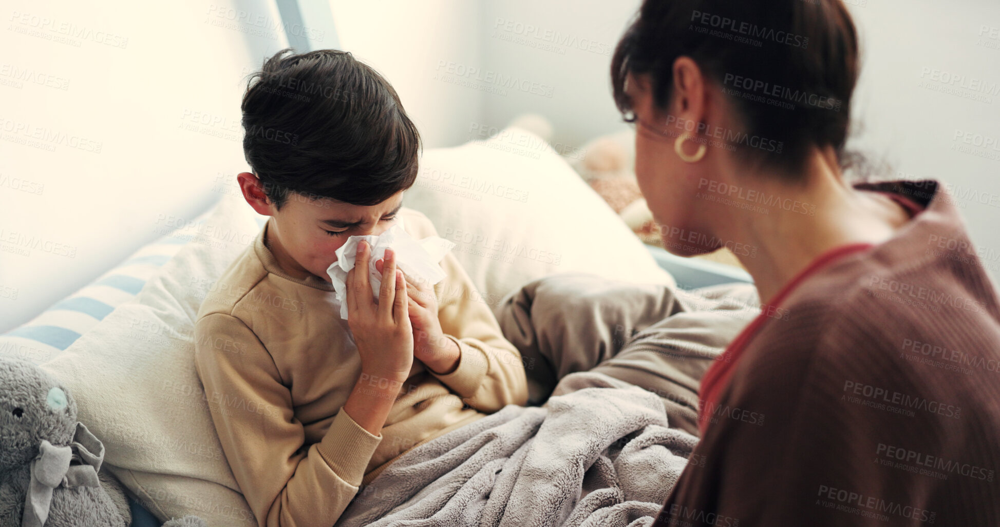 Buy stock photo Sick, tissue and parent with child in bedroom with infection, virus and blowing nose for allergies. Family, home and mother with boy in bed with cold, flu and sneeze for illness, healing and support