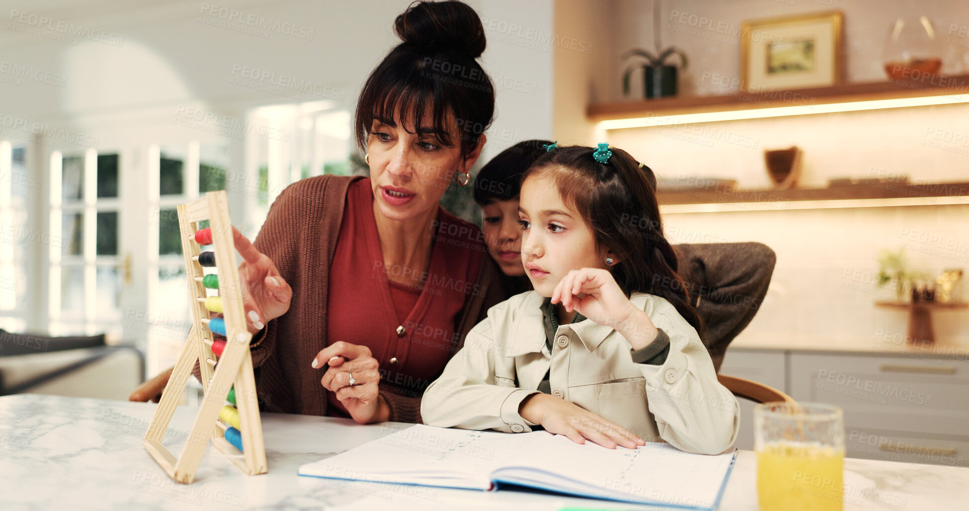 Buy stock photo Support, parent or children in house with abacus, math practice or bead count in homework activity. Learning, kids or mother with help, literacy assignment or cognitive development in homeschool.